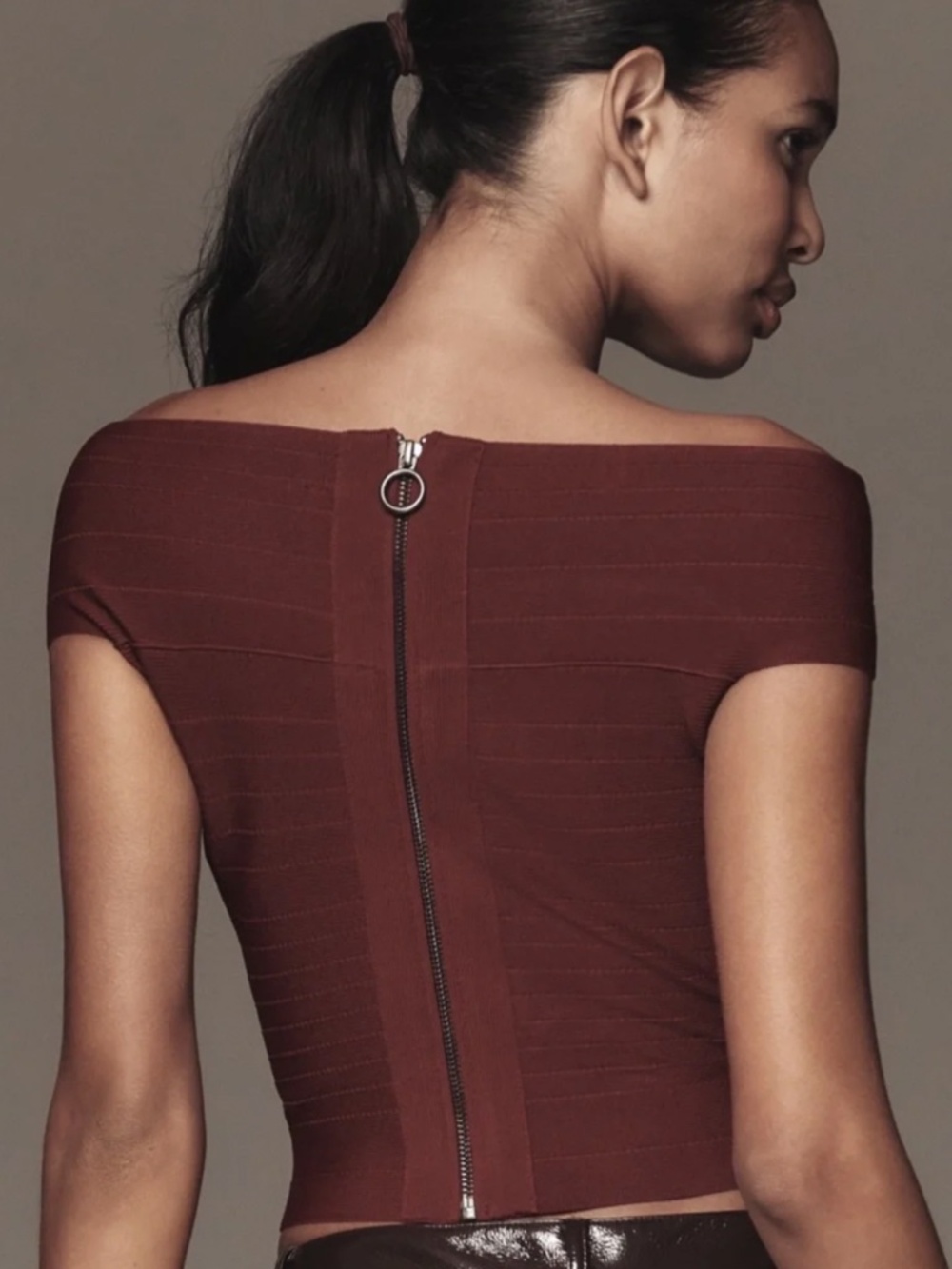 By Anthropologie Dark Wine Off-The-Shoulder Bandage Cropped Sweater Sz M NWT - Picture 2 of 13